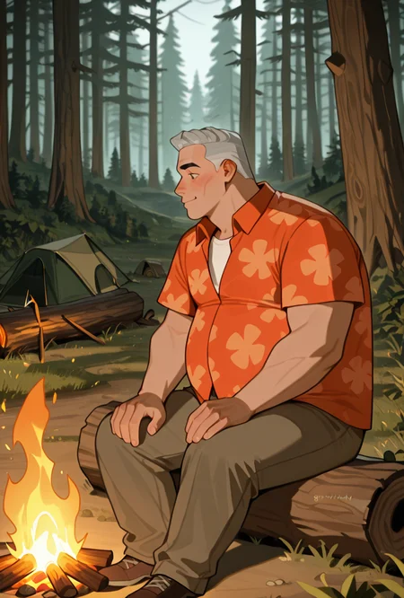 <lora:max-05:1> max, collared red shirt, grey hair, 1boy, short hair, short sleeves, hawaiian shirt, floral print,, expressive, posing, chubby, side view, <lora:gravitydusty_style_v2_illustrious:1> gravitydusty style, in the forest, camping, sitting on log, lit up by campfire, tent, woods, forest, eyes in the background,, masterpiece, best quality, amazing quality, very aesthetic, absurdres, newest,