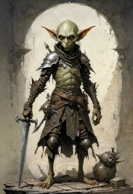 videogame art, a long elf, goblin ghoul, holding a iron rusty sword, wearing leather armor, plated armor, armor plating, by Jean-Baptiste Monge and Nicola Samori