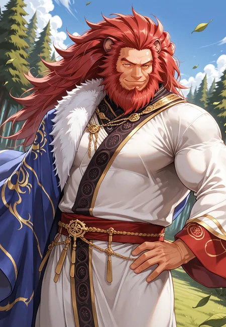 masterpiece, best quality, amazing quality, CaineghisFE, long hair, red hair, lion ears, orange eyes, beard, mature male, muscular, blue cloak, fur trim, white robe, wide sleeves, gold accents, red sash, belt, upper body, cowboy shot, looking at viewer, smile, dutch angle, dynamic pose, detailed background, forest, blue sky, clouds, hand on hip, gust of wind, leaves on the wind,