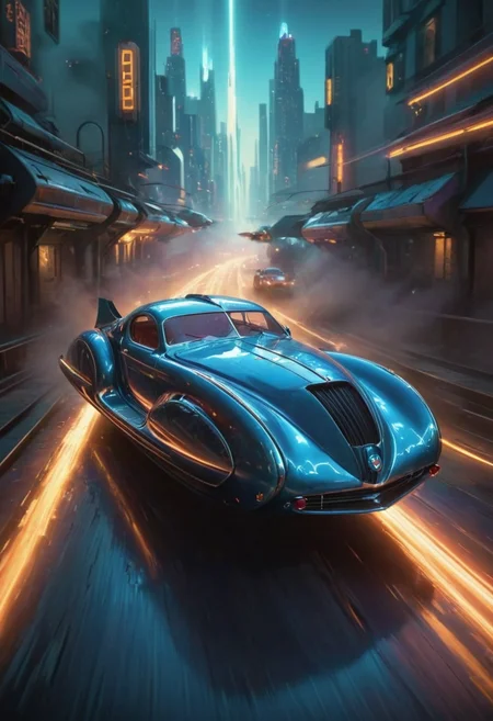 science fiction, scifi, d3c0pnuk, str34ml1n3 flying (1938 Phantom Corsair:landspeeder)  car, anti-gravity, flying over other cars, antigravity waves below, , police cars chasing, collision in background, massive scale, nowheels,  mirror finish, passing by fast, light speed, flash, (motion trail:1.5), motion blur, epic visual effects, flow, detailed, cinematic scene, lens flare, god rays, diffuse green glow, (best quality, 8K, high resolution, extreme detail, (outstanding asymmetric composition:1.4),  blue sky cloud reflections, low angle, in an art deco shining city, <lora:Decopunk_XL_v3:1>  <lora:No.Wheels.XL:0.9> <lora:glowneon_xl_v1:0.8> glowneon,  <lora:add-detail-xl:2> overexposed, worm's eye view, low angle, looking up, wide angle, front view, three quarter profile,  bright sunny day, shimmering heat,