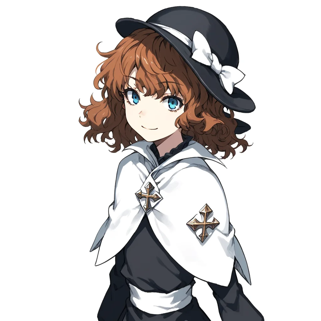 anime coloring, score_9, score_8_up, score_7_up, score_6_up, mallybath blackbell, toaru, 1girl, hat, solo, brown hair, blue eyes, smile, short hair, capelet, white background, simple background, bow, hat bow, looking at viewer, cross, androgynous, black headwear, long sleeves