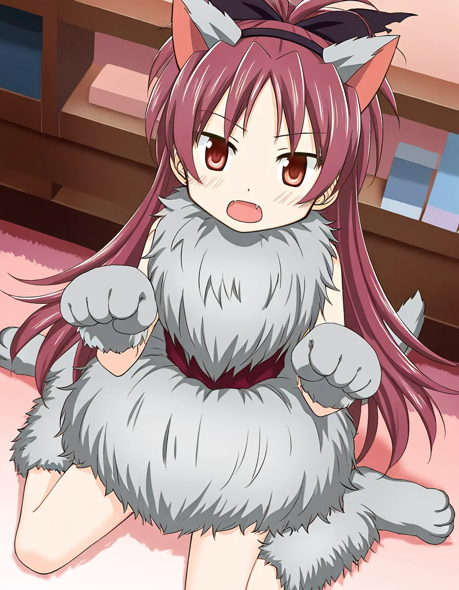 masterpiece, best quality, newest, absurdres, highres, safe, 1girl, sakura kyoko \(halloween costume\), magia record: mahou shoujo madoka magica gaiden, solo, wariza, paw pose, blush, open mouth, indoors, dutch angle, <lora:sakura_kyoko_noobaiXLNAIXL_vPred10Version:0.7>
