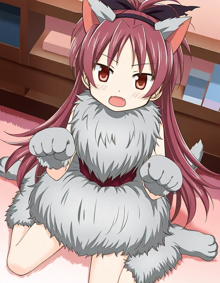 masterpiece, best quality, newest, absurdres, highres, safe, 1girl, sakura kyoko \(halloween costume\), magia record: mahou shoujo madoka magica gaiden, solo, wariza, paw pose, blush, open mouth, indoors, dutch angle, <lora:sakura_kyoko_noobaiXLNAIXL_vPred10Version:0.7>