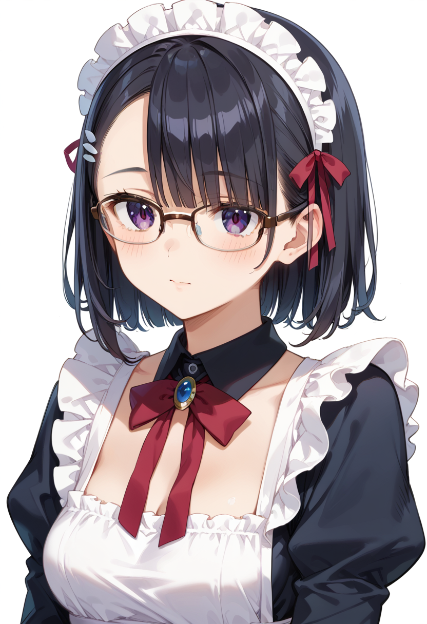 score_9, score_8_up, score_7_up, rating_safe, masterpiece, best quality, absurdres, unity 8k wallpaper, official art, official style, source_anime, uncensored, game cg, megami magazine,
1girl, solo, black hair, medium hair, upper body, covered eyes,maid, maid headdress, black dress, maid apron, face focus,
halfrim22A,  still life, white background, simple background, brown-framed eyewear,
 <lora:glasses_halfrim22A_PONY_V1:1>