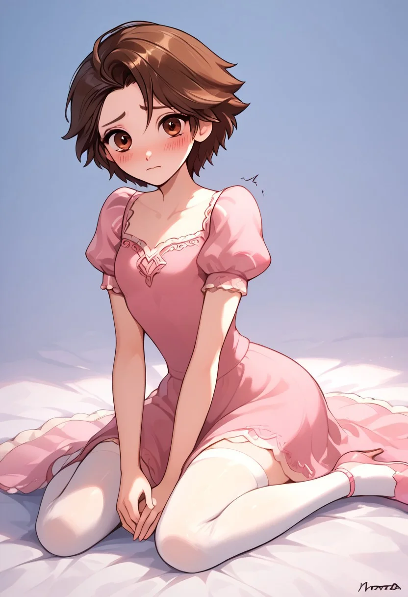 score_9, score_8_up, score_8, 1femboy, sexy 20yo white caucasian femboy, brown eyes, perfect eyes, (dark brown hair), medium length hair, bob cut, fluffy hair, skinny, trembling, high res image, masterpiece, RapunzelWaifu, elegant, cute face, solo, worried, shy, Norza, otoko no ko, pink dress, lace, sitting on floor, puffy sleeves, white thighhighs, pink shoes, short sleeves, sidesitting, looking at viewer, head down,