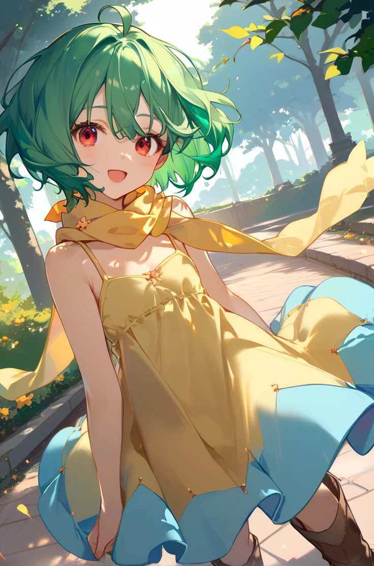 score_9, score_8_up, score_7_up, very aesthetic, source_anime, detailed,
park,
cowboy shot,  close up, dynamic angle,
open smile, blush,
1girl, flat chest, petite female,
<lora:rankaDress_autismConfetti_v04:0.99>ranka lee, green hair, red eyes, short hair, ahoge,
yellow dress, sleeveless, bare shoulders, yellow scarf, brown boots, ahoge, zPDXL