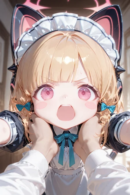 masterpiece,best quality,1girl, 1other, momoi \(blue archive\), momoi \(maid\) \(blue archive\), blue archive,angry, animal ears, apron, blonde hair, bow, chibi, dress, fake animal ears, furrowed brow, hair bow, halo, looking at viewer, maid apron, maid headdress, medium hair, meme, open mouth, outstretched arms, pink eyes, pink halo, pov, pov cheek grabbing \(meme\), pov hands, solid circle eyes, solo focus, white apron, shiny skin, blurry background, animal ear headphones, blush stickers, blue bow, off shoulder, cat ear headphones, official alternate costume, blunt bangs, depth of field, headphones, blurry,,<lora:FleeceFade:0.7>,<lora:cunnyfunkystyle:0.3>,cunnyfunkystyle,<lora:MatteSkin_Illustrious_v4:1>