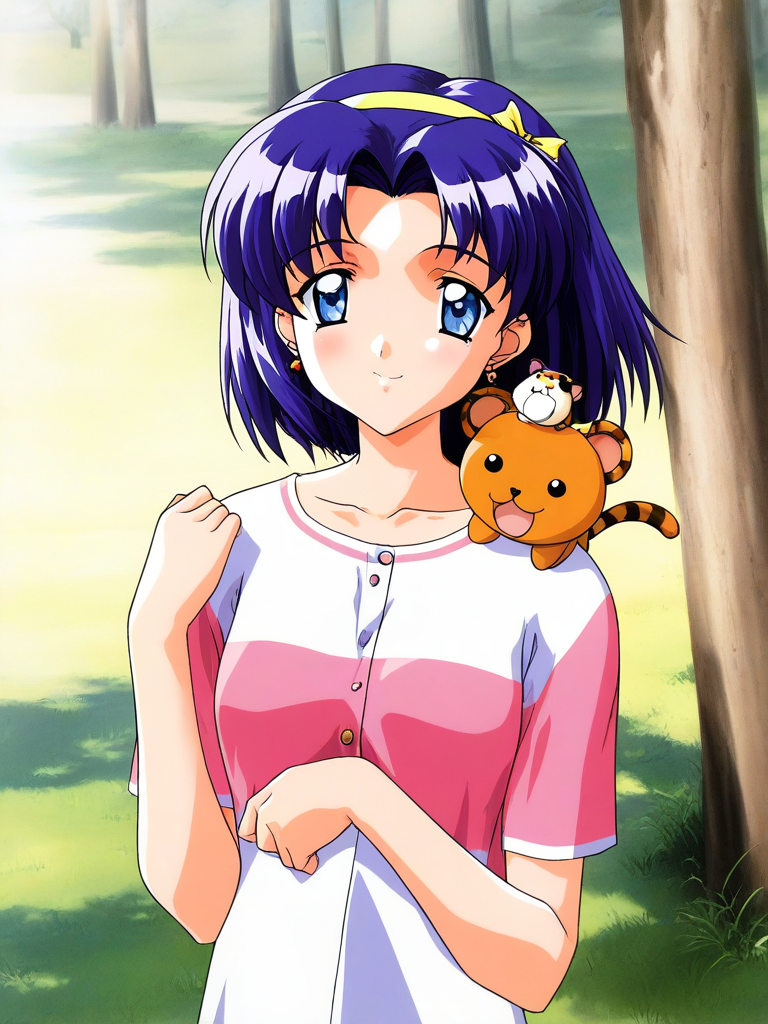 general,highres, ultra-detailed,very aesthetic,best quality ,best hands, BREAK <lora:Nozaki_sumire_Tokimeki_Memorial2_IS:1>
Nozaki_sumire(Tokimeki_Memorial2), 1girl, solo, blue eyes, blue hair, short hair, hairband, small breasts,
purple hair, smile, shirt, animal on shoulder, earrings, outdoors, 
jewelry, bow, animal, yellow hairband,
