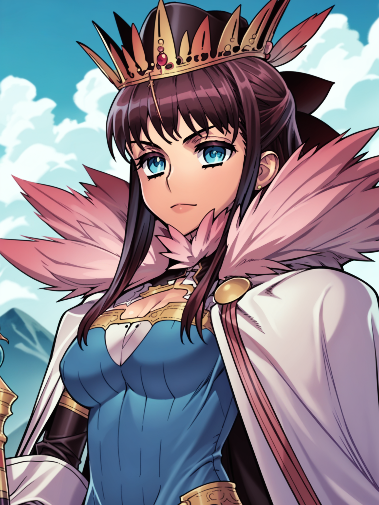 <lora:happy_tentacle-elseria-v0.5-000020>, ht_elseria, formal, cape, fur-trimmed cape, hat, holding scepter, blue dress, two-tone dress, detached collar, detached sleeves, white gloves, hair bow, cleavage, cleavage cutout, outdoors , 1girl, solo, upper body , , (happy :1), , , lying , facing viewer , score_9, score_8_up, score_7_up, score_6_up, score_5_up, score_4_up, source_anime, anime screencap