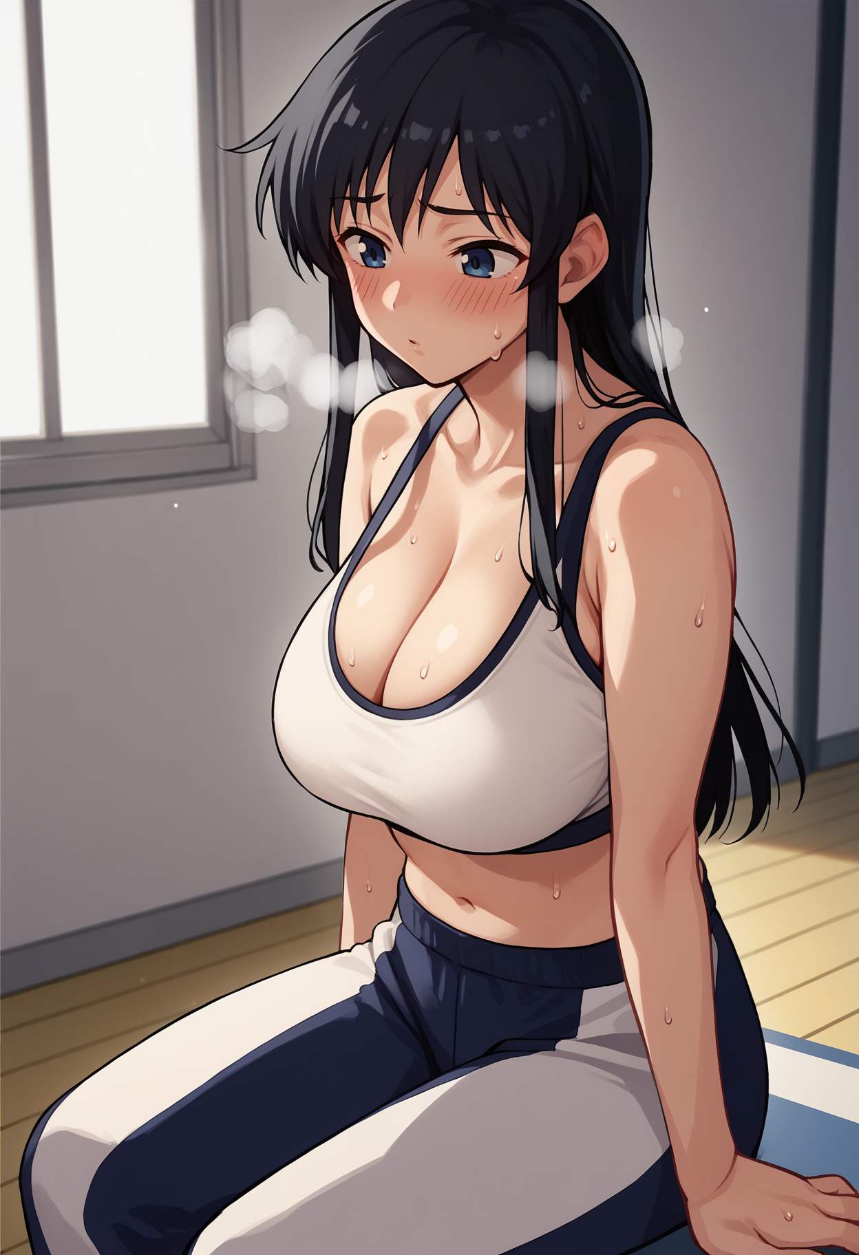 score_9, score_8_up, score_7_up, source_anime BREAK 1girl, solo, <lora:fujimurashizuru-godannar-richy-v1_pdxl:1> fujimura shizuru, blue eyes, black hair, long hair, large breasts, white sports bra, indoors, sweatpants, cleavage, sweat, blush, heavy breathing,