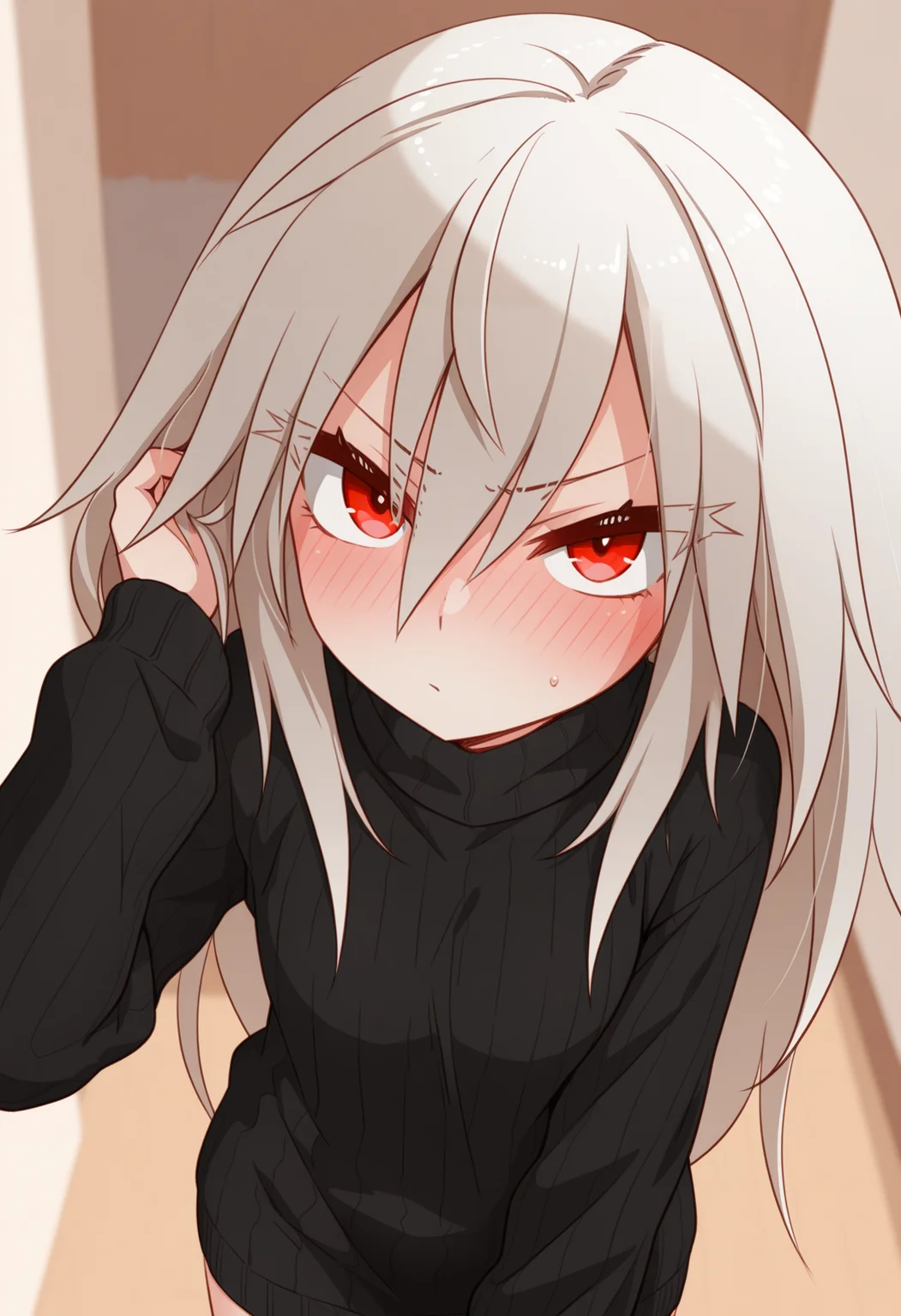 (best quality , masterpiece, good quality), sfw, general, 1girl, solo, eletrasan, long hair, red eyes, turtleneck, black sweater, sweater dress, looking at viewer, blush, thick eyelashes, <lora:eletra_ilxl:1>,