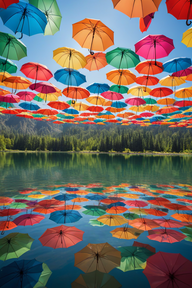 A tranquil scene of colorful umbrellas gently bobbing on the surface of a serene, glass-like lake, creating an enchanting spectacle as they dance with the breeze.