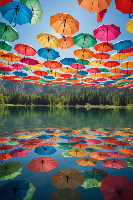 A tranquil scene of colorful umbrellas gently bobbing on the surface of a serene, glass-like lake, creating an enchanting spectacle as they dance with the breeze.
