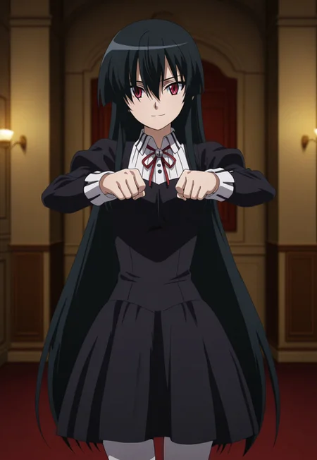 akame, long hair, black hair, red eyes, slit pupils, hair over one eye, blurred background, dramatic lighting, flat background, sexy pose, portrait, girl, black maid uniform, white stockings, black loafers, soft smile, in a mansion, full angle, full view, looking at the viewer, cowboy shot,