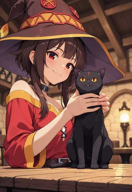 megumin, smiling, witch hat, holding black cat, chomusuke \(Konosuba\), indoors, tavern, table, playing with cat,
masterpiece, best quality, good quality, very aesthetic, absurdres, newest, 8K, depth of field, focused subject,
close up, stylized, wabi sabi, 1girl,  looking at viewer, dynamic angle, from below, from side, relaxing
in the style of cksc, in the style of cknc, artist:moriimee, in the style of ck-rw