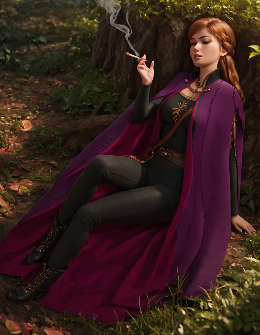 score_9, score_8_up, score_7_up, score_6_up, score_5_up, score_4_up, best quality, (nsfw),full body, realistic, Anna, relaxing, Travel Outfit(half-up braid,purple cape), large breasts, perfect body, smoking cigarette, detailed background, soft light, dynamic angle, (dark enchanted forest), <lora:Anna_Ultimate_Version_1_9_outfits-1:.78>, <lora:add-detail-xl:1>, <lora:detailed_notrigger:1>, <lora:sinfully_stylish_SDKL:.8>