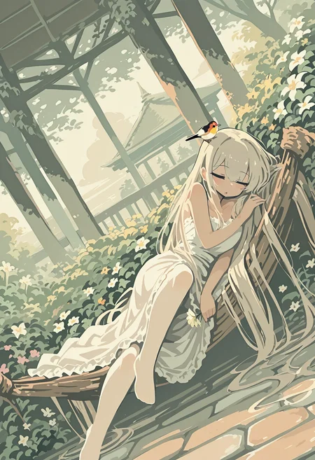 1girl, beige hair, very long hair,
BREAK dutch angle, 1girl, solo, (closed eyes, sleeping:1.2), leg up, no shoes, sitting on hammock, outdoors, lying on side, gazebo, pavement, bird on girl's head, holding flower, uneven eyes, panicking,
BREAK white wedding dress, flowers are scattered on the bed,
BREAK general, (okiraku nikku:0.75), (she tikin:1.15), (umxzo:0.5), (raine \(acke2445\):0.5), thick outlines, (pixel art:1.3), limited palette, masterpiece, best quality, absurdres, highres, newest, <lora:ponyv6_noobV1_2_adamW:0.7>, <lora:VICE_v1.0:0.4>