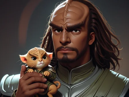holding a cute kitten <lora:Klingon_v2_pony:1> score_9,score_8_up,score_7_up,score_6_up,score_5_up,score_4_up , 1man, kling0n alien, large forehead ridges, brown skin, large eyebrows, wearing warrior armor,