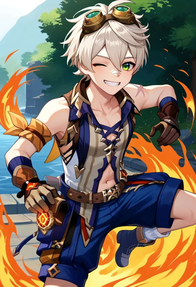 score_9, score_7_up, source_anime,
bennett, 1boy, male focus, solo, green eyes, grey hair, short hair, hair between eyes, bangs, goggles, goggles on head, bandaid, bandaid on nose, shirt, white shirt, sleeveless, collarbone, scar, scar on arm, midriff, navel, gloves, brown gloves, belt, shorts, blue shorts, socks, white socks, boots, blue footwear, vision (genshin impact), belt bag, smile, grin, one eye closed,
outdoor, spell, fire spell, magic, jumping,
