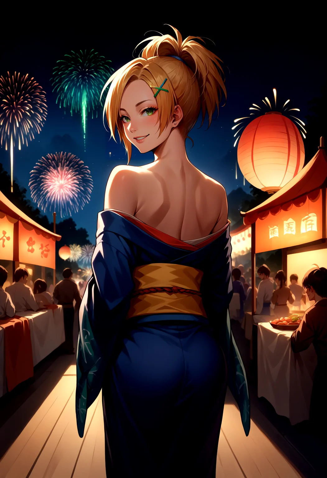 score_9, score_8_up, source_anime, RikkuX, x hair ornament, <lora:RikkuX_XLPD:1>, kimono, from behind, off shoulder, festival, fireworks, seductive smile, looking at viewer,