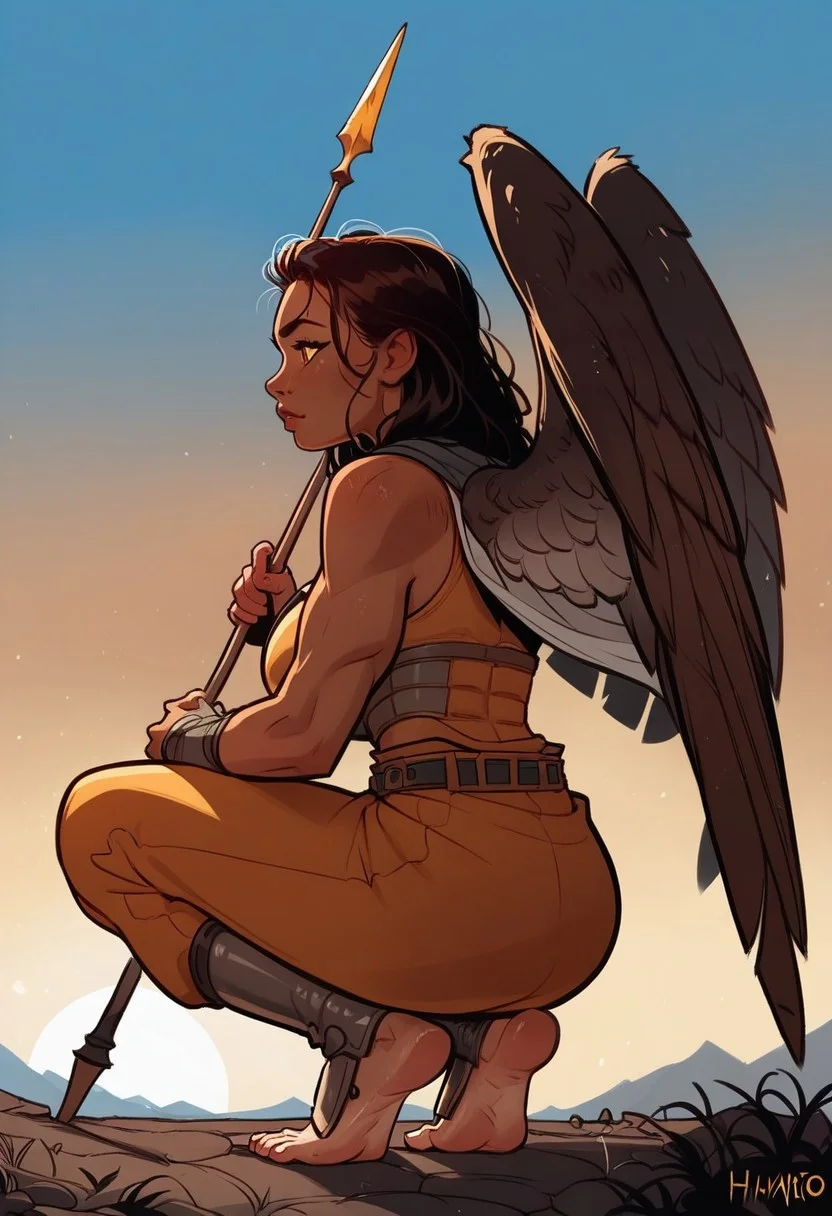 (score_9, score_8_up, score_7_up), tlu, rating_safe,ph1lt0m4t0,3m0t3,
(1girl, solo, majestic griffin woman), amber eyes, muscular body type, large breasts, tan skin with feathered wings and taloned feet, stoic gaze, medium-length wild hair, dark brown hair with golden streaks, leather and fur armor with eagle motif, crouching on a mountain peak, open sky and distant clouds, gripping a spear, powerful and vigilant, faint sunlight.