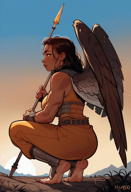(score_9, score_8_up, score_7_up), tlu, rating_safe,ph1lt0m4t0,3m0t3,
(1girl, solo, majestic griffin woman), amber eyes, muscular body type, large breasts, tan skin with feathered wings and taloned feet, stoic gaze, medium-length wild hair, dark brown hair with golden streaks, leather and fur armor with eagle motif, crouching on a mountain peak, open sky and distant clouds, gripping a spear, powerful and vigilant, faint sunlight.