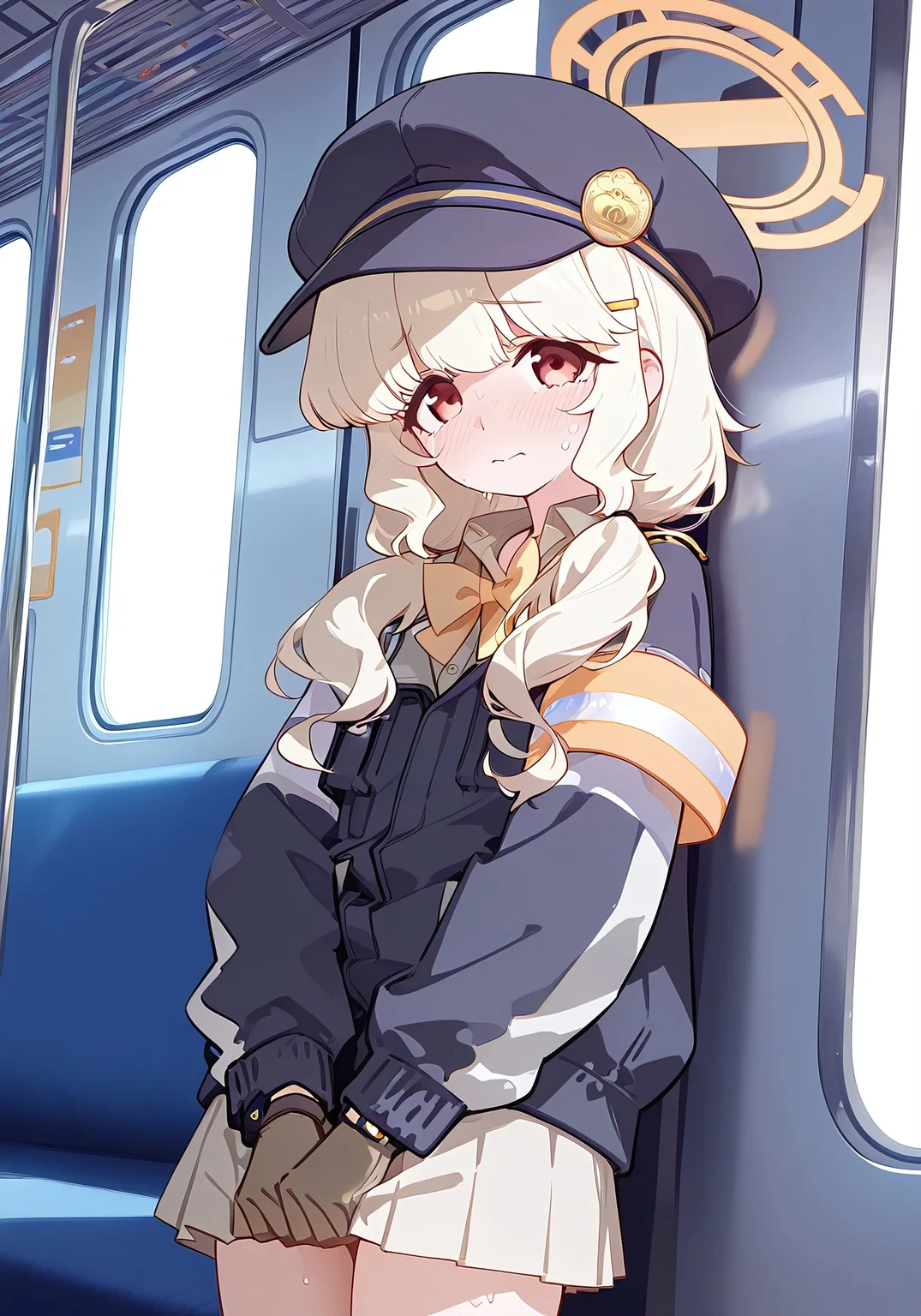 (best quality,8K, masterpiece:1.3),anime,very aesthetic, absurdres,featured ,finely detail,((extremely detailed)),illustration,Amazing,highres,intricate detail,female focus, (beautiful detailed girl),dynamic pose, delicate facial features, soft lighting, clean lineart, anime style, gradient hair shading,
(bluearchive_style:1.3),aoba_(blue_archive), 1girl, solo, halo,from side, looking at viewer, hands between crotch, flat chest, hat, blonde, low twin tails, hair over shoulder, jacket, yellow bow tie, beige collared shirt, armband, beige skirt, brown gloves, nervous, sweat drop, train interior,