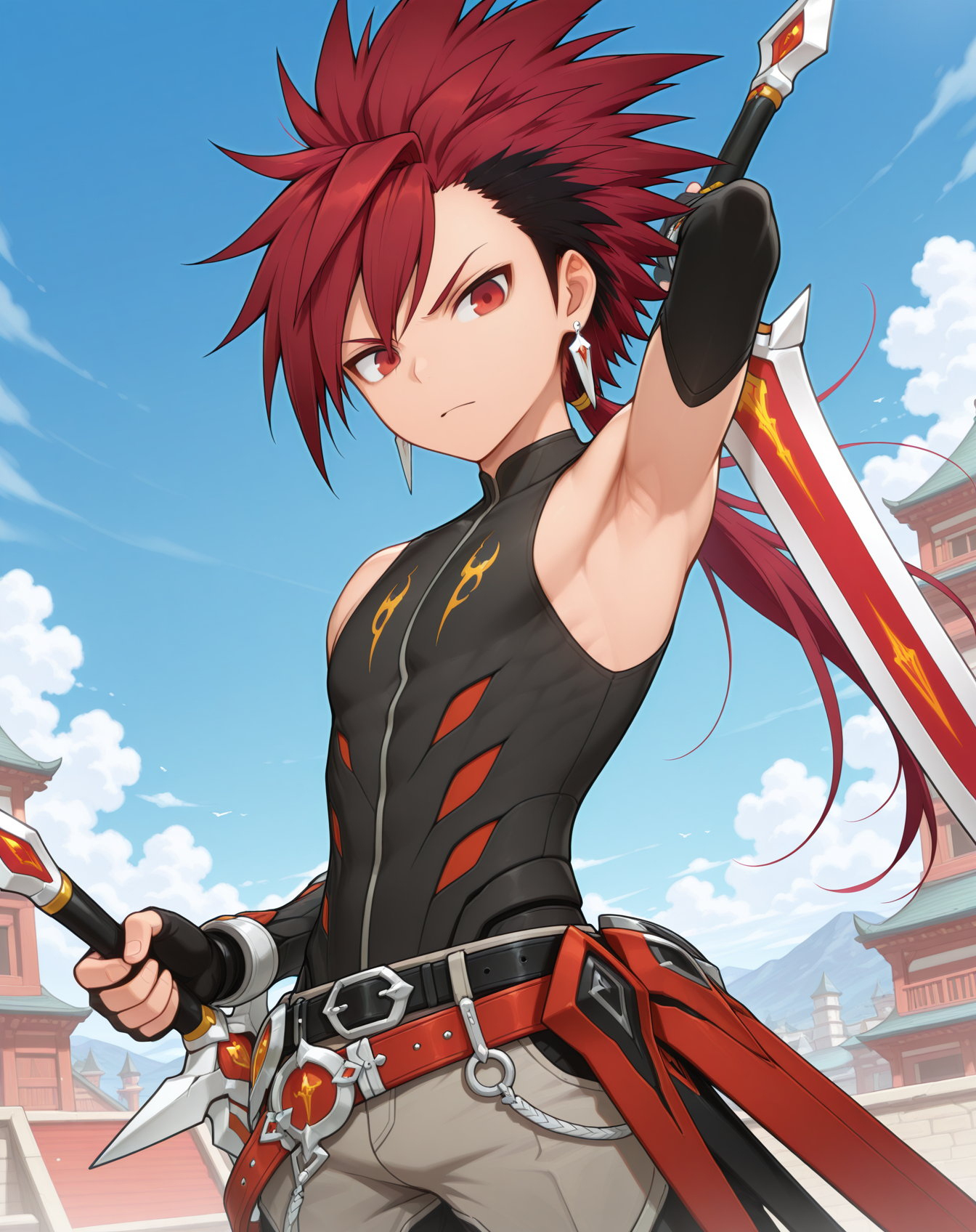 masterpiece, amazing quality, best quality, absurdres, very aesthetic,
1boy, solo, yaoi, male focus, cowboy shot, upper body, looking at viewer, face focus,
<lora:Elsword_Infinity_Sword_ilxl:1>  elswordis, red hair, red eyes, sword, spiked hair, two-tone hair, ponytail, long hair, black hair, multicolored hair,
fingerless gloves, armor, pants, belt, armpits, jewelry, earrings,
holding, weapon, dual wielding, reverse grip,
outdoors, day, blue sky,