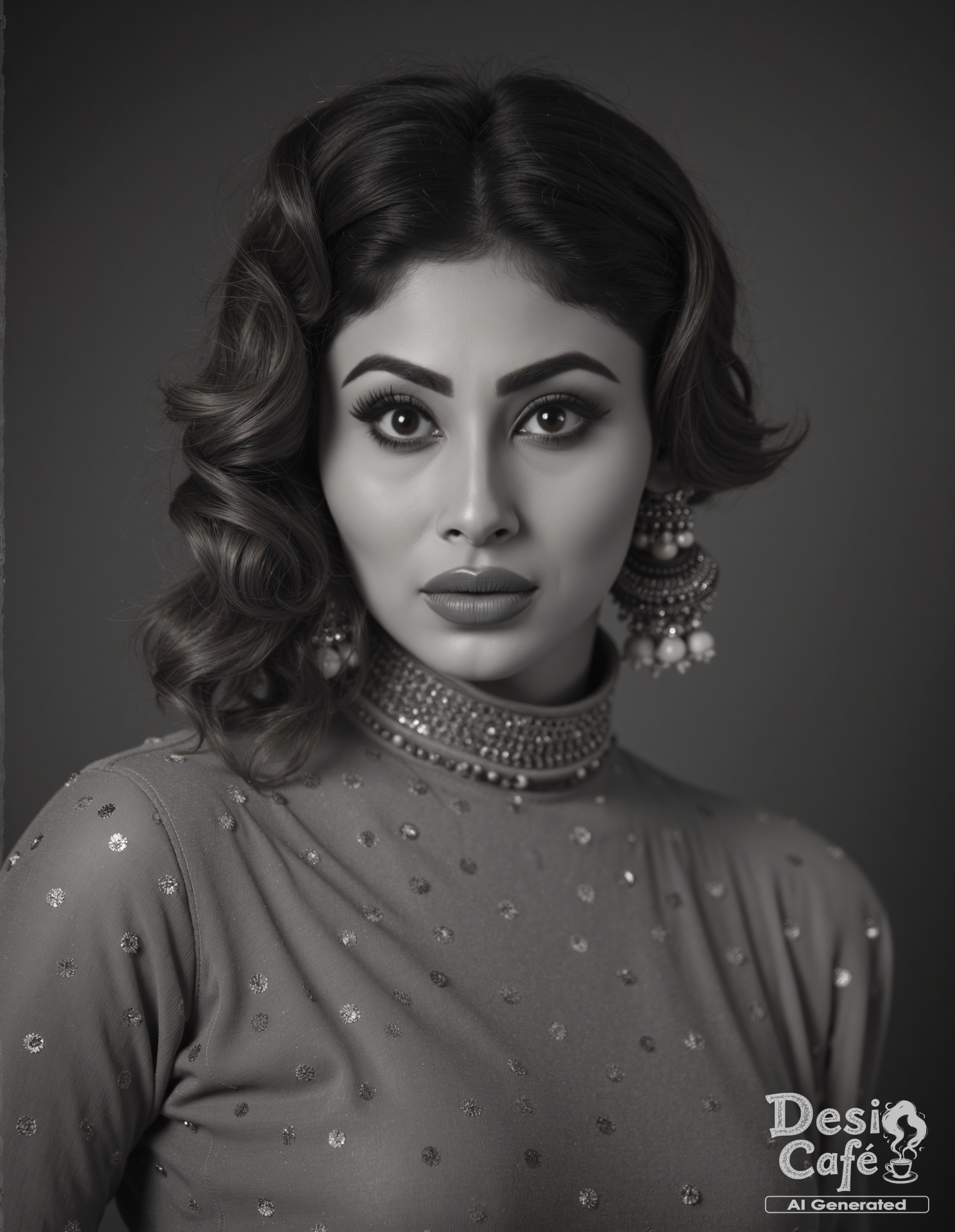 vintage greyscale photo of  mouni roy woman, hyper realistic photo that is safe for work, expression of wonderment with wide eyes, studio quality image, well dressed wearing intricate turtleneckLehenga Choli, hair styled as wispy fringe,muted shaded wallpaper background that contrasts with the person, cinematic lighting,âââââ  <lora:Mouni_Roy_2024_Flux_Kohya_LoRA_v1:1>âââ