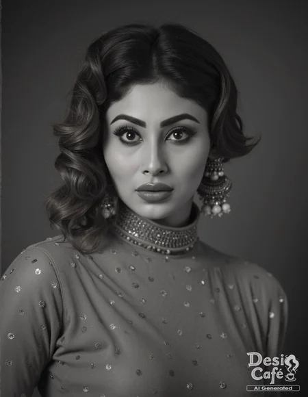 vintage greyscale photo of mouni roy woman, hyper realistic photo that is safe for work, expression of wonderment with wide eyes, studio quality image, well dressed wearing intricate turtleneckLehenga Choli, hair styled as wispy fringe,muted shaded wallpaper background that contrasts with the person, cinematic lighting,âââââ <lora:Mouni_Roy_2024_Flux_Kohya_LoRA_v1:1>âââ