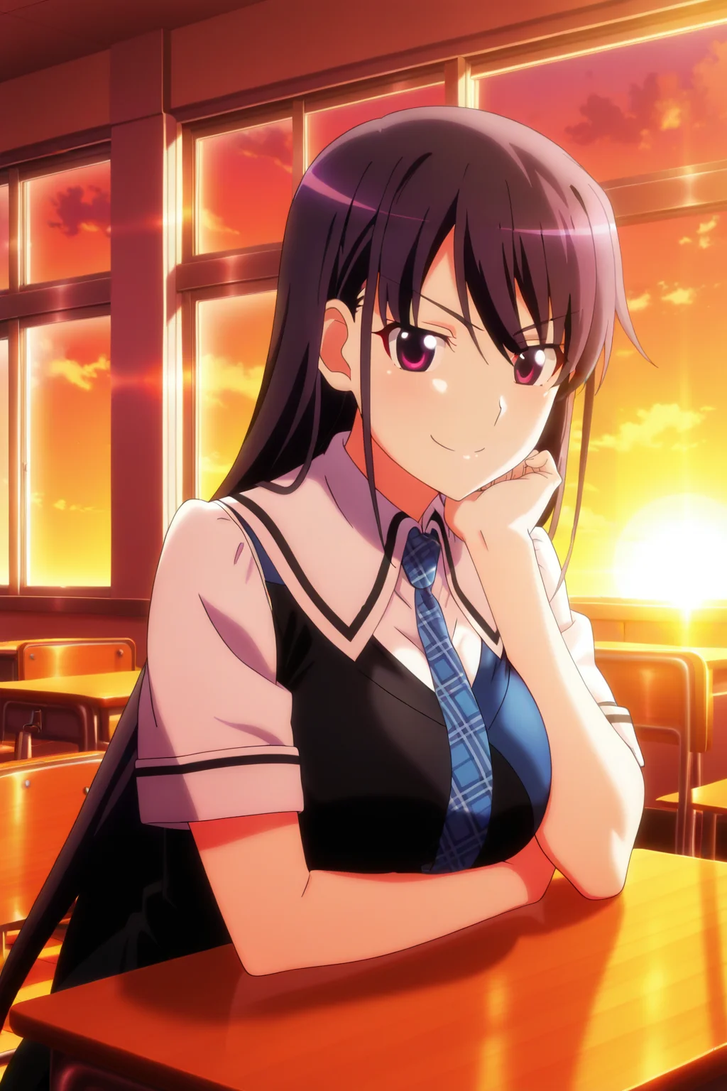 anime screenshot, anime coloring, sakaki yumiko, 1girl, solo, black hair, long hair, purple eyes, large breasts, school uniform, pinafore dress, black dress, blue dress, two-tone dress, short sleeves, white shirt, blue necktie, plaid necktie, looking at viewer, smile, v-shaped eyebrows, hand on own chin, sitting, upper body, indoors, classroom, desk, chair, sunset, masterpiece, best quality, high quality, highres, absurdres, <lora:sakaki_yumiko_ILXL:0.9>
