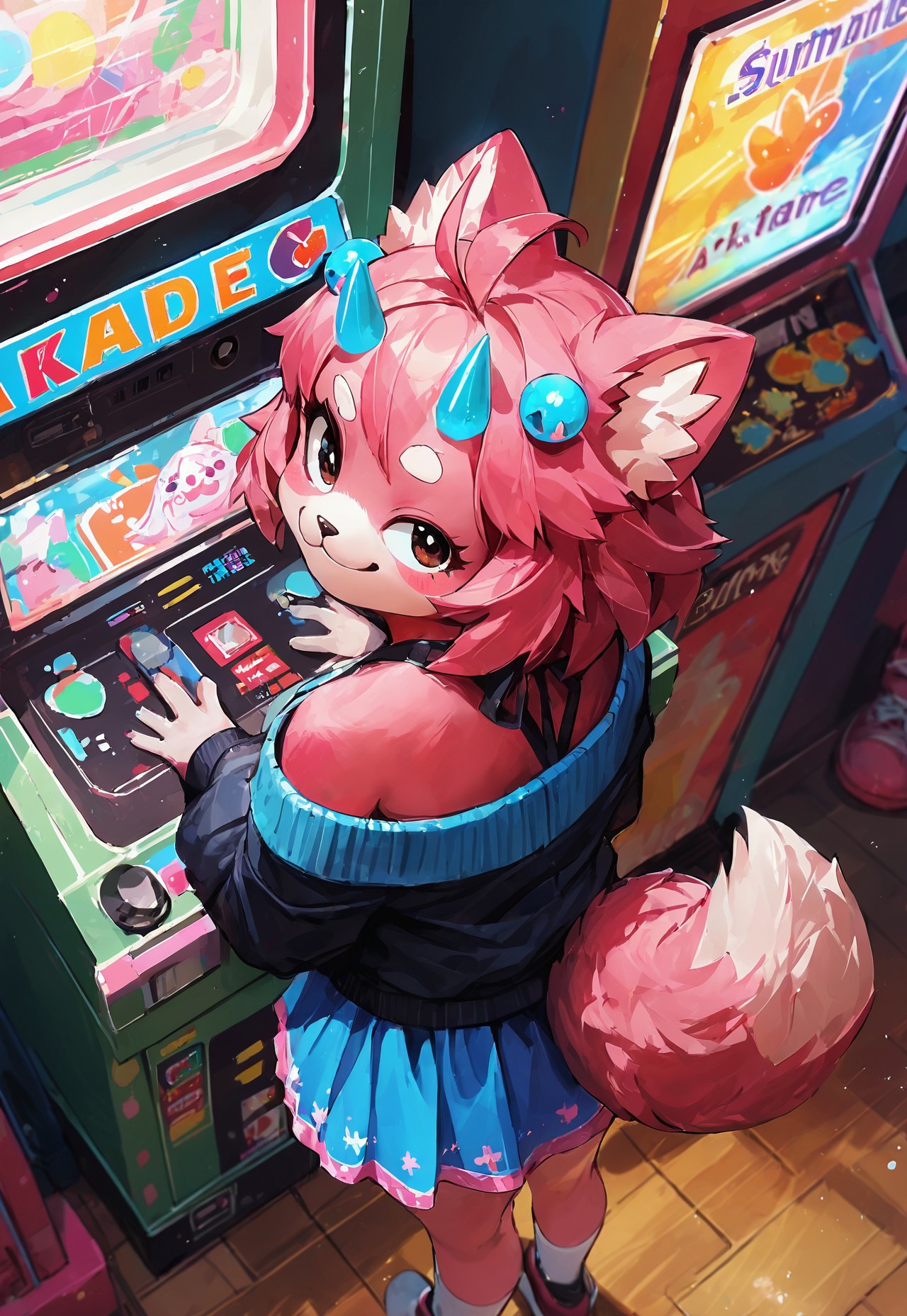 embedding:urn:air:sd1:embedding:civitai:222256@250708, easynegative, source_anime, close up, score_9, score_8_up, score_7_up, anthro axolotl girl, pink fur, focused, inside arcade, small horns, glowing blue horns, sunken eyes, standing, playing at arcade cabinet, smug, short tail, tail lifted, jacket hanging off shoulders, cute skirt, from behind, from above