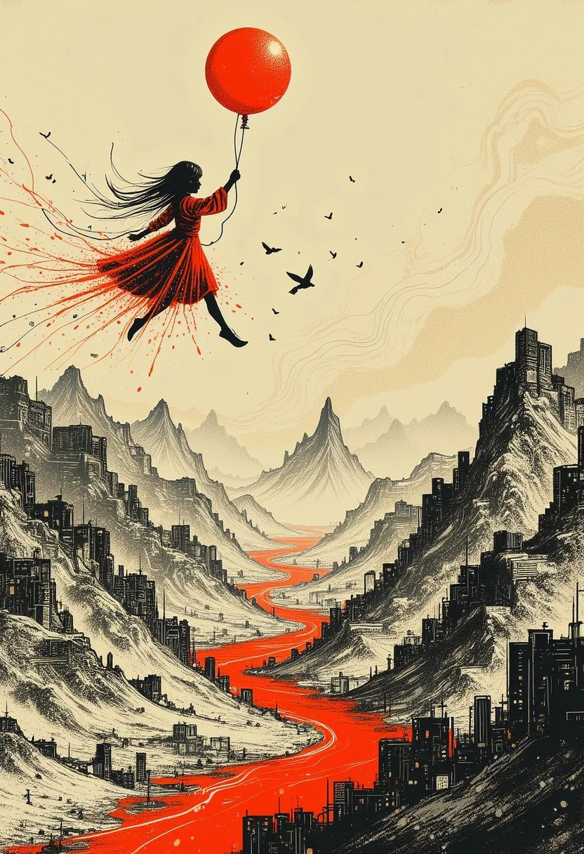 wabi sabi, of char, brutalist faded black stencil art, girl flying floating midair, holding red balloon, flight of liberation with dove companion, far above ancient hilly landscape of desert scrub parched, strewn piles of blocks of white building stones splashed with red flowing over river_red, distant grey urban wall fortification, valley of red tributaries of broken faded erased civilization of haphazard disjointed fractured tumbledown stencil_dwellings orchards_groves terraces springs blocks, rolling thunder storm clouds swirl