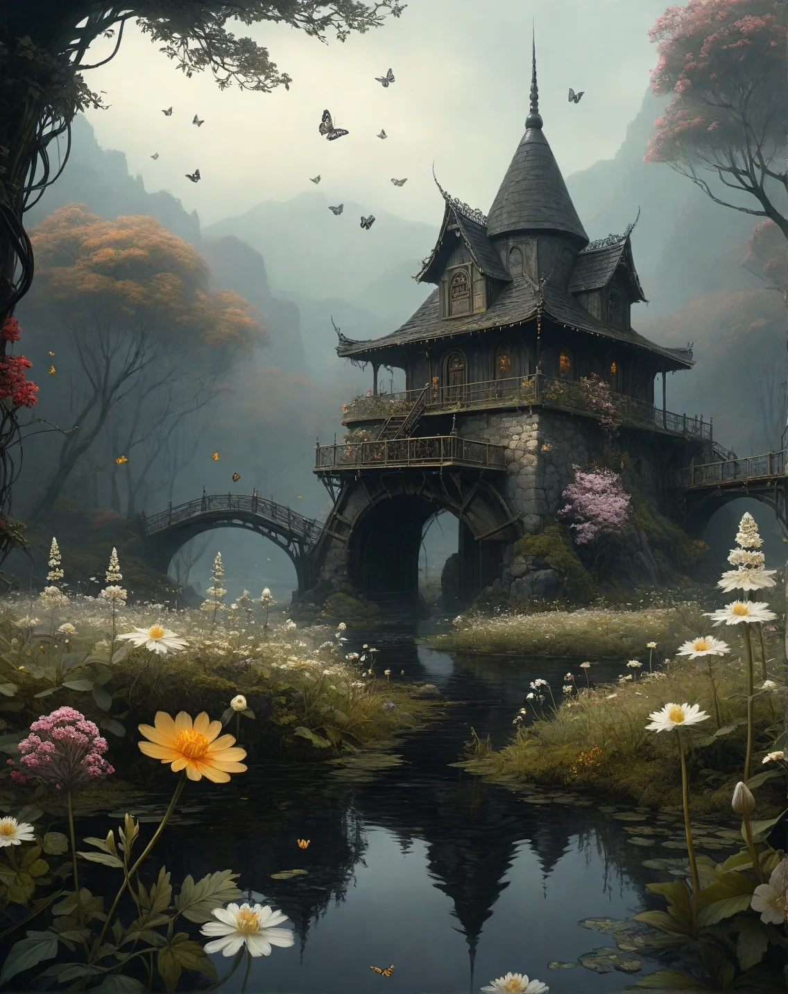Sanford Robinson Gifford (haze effects), Floodplain meadow with winding oxbow lake, lichen patterns on boulders, watermill with sluice gates,
hyperrealistic surrealism,ultra-detailed,intricate textures,luminous colors,cinematic lighting,dramatic perspective,volumetric atmosphere,8k UHD,sharp focus, professional color grading,1boy,Vines bearing flowers that bloom into temporary portals ,marbled white butterfly,
<lora:extremely_detailed:0.8> extremely detailed,
<lora:offset_0.2:0.5>,
<lora:add-detail-xl:0.3>,
<lora:aidmaMJ6.1_v0.5_2:0.3> aidmamj6.1,
<lora:Cyberpunk _Anime_V2_light_version-SDXL:0.3> anime, cyberpunk,
<lora:tbh76-sdxl:0.5> Style of Mark Ryden, Baroque art style, dynamic composition, dramatic lighting, rich colors, intricate details, professional-grade execution, captures the grandeur and theatricality of the Baroque period, Cyberpunk art style, futuristic cityscapes, neon-lit streets, high-tech and low-life, cybernetic enhancements, dystopian and gritty atmosphere