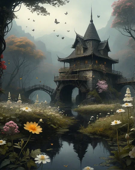 Sanford Robinson Gifford (haze effects), Floodplain meadow with winding oxbow lake, lichen patterns on boulders, watermill with sluice gates,
hyperrealistic surrealism,ultra-detailed,intricate textures,luminous colors,cinematic lighting,dramatic perspective,volumetric atmosphere,8k UHD,sharp focus, professional color grading,1boy,Vines bearing flowers that bloom into temporary portals ,marbled white butterfly,
<lora:extremely_detailed:0.8> extremely detailed,
<lora:offset_0.2:0.5>,
<lora:add-detail-xl:0.3>,
<lora:aidmaMJ6.1_v0.5_2:0.3> aidmamj6.1,
<lora:Cyberpunk _Anime_V2_light_version-SDXL:0.3> anime, cyberpunk,
<lora:tbh76-sdxl:0.5> Style of Mark Ryden, Baroque art style, dynamic composition, dramatic lighting, rich colors, intricate details, professional-grade execution, captures the grandeur and theatricality of the Baroque period, Cyberpunk art style, futuristic cityscapes, neon-lit streets, high-tech and low-life, cybernetic enhancements, dystopian and gritty atmosphere
