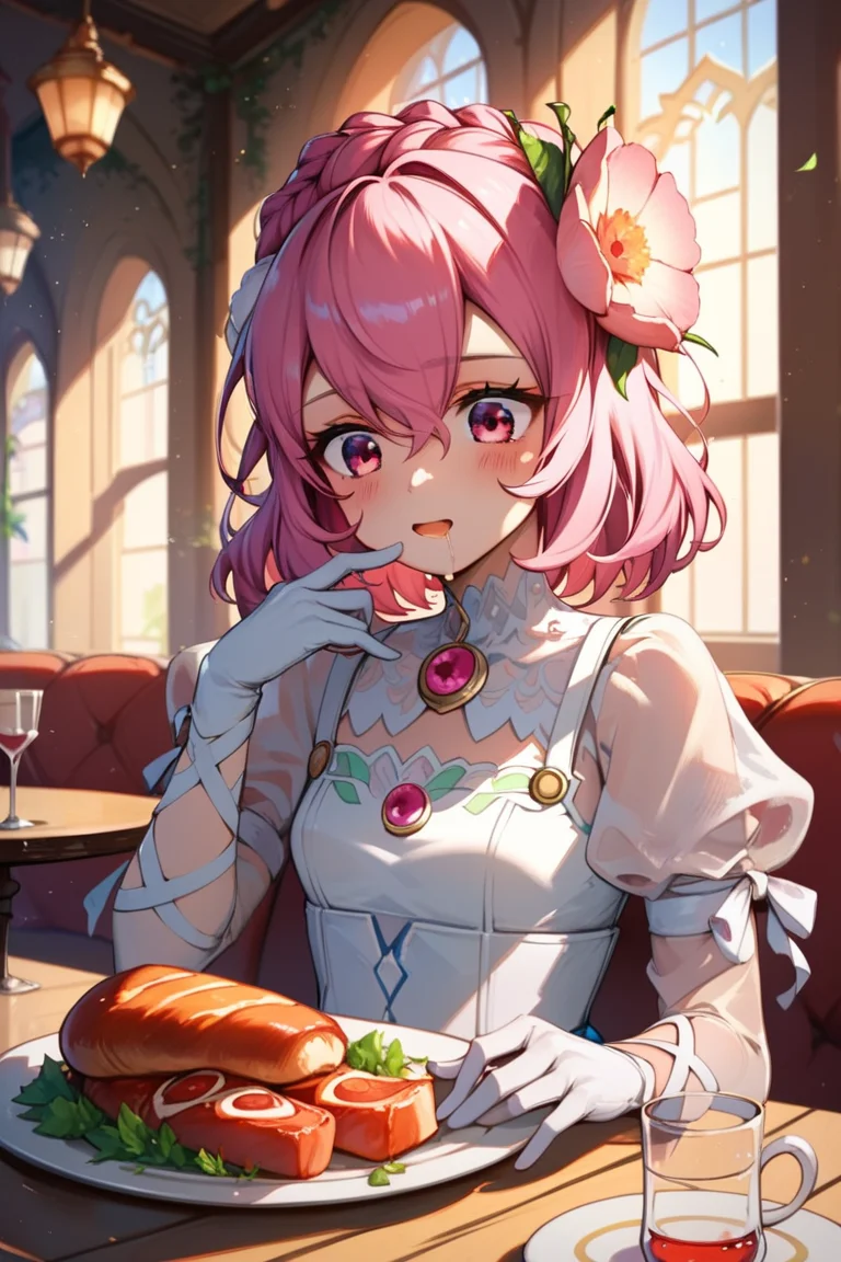 score_9, score_8_up, score_7_up, very aesthetic, source_anime, detailed, high quality, beautiful, masterpiece, detailed eyes,
<lora:lightXL:0.8>
restaurant,
<lora:action-sdxl-V0.5:1>zdyna_pose
cowboy shot, close up, upper body,
sitting by table, drooling, blush,
meat on table, looking down, drool,
<lora:misella_autismConfetti_v01:0.99> small breasts,
misella, pink hair, pink eyes, short hair, hair flower, hair between eyes,
white dress, see-through sleeves, see-through, pinafore dress, puffy sleeves, white gloves, asymmetrical sleeves, braid, leg ribbon, white footwear, white ribbon,, zPDXL