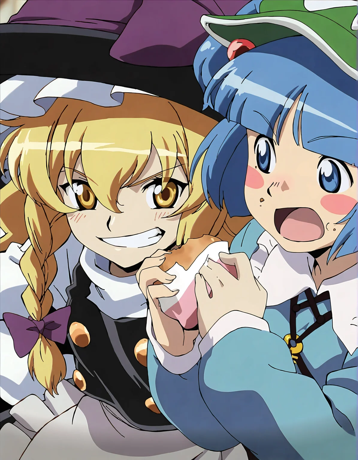 memoriesofphantasm, multiple girls, kawashiro nitori, 2girls, kirisame marisa, blonde hair, blue hair, braid, blue eyes, smile, key, yellow eyes, hat, two side up, hair bobbles, grin, hair ornament, anime coloring, long hair, eating, blush stickers, single braid, food, sensitive, short hair, general, bow, blush, long sleeves, side braid, upper body, shirt, hair bow, hair ribbon, ribbon, vest, teeth
very awa, masterpiece, best quality, year 2024, newest, highres, absurdres, <lora:memories-of-phantasm-style-noobai-vpred10-logit:1>