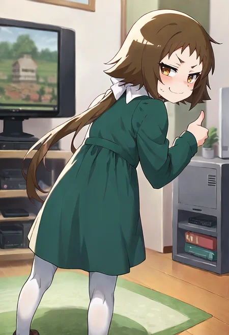 score_9, score_8_up, score_7_up, source_anime, masterpiece, 1girl, ct_mashir0, hair bow, green dress, white pantyhose, long sleeves, indoors, television, depth of field, from behind, looking back, smug, thumbs up,<lora:Mashiro_Mitsumine_pony_ct_ver2:0.9>