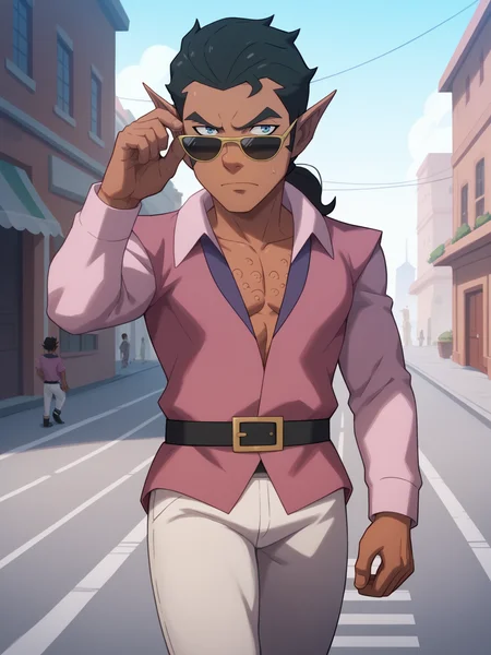 score_9, score_8_up, score_7_up, BREAK,
scanlan, 1boy, black hair, ponytail, blue eyes, dark skin, pointy ears,
pink shirt, sunglasses, walking down the street, city, toned male, white pants, broad shoulders, detailed belt <lora:ScanlanXL_byKonan:1>