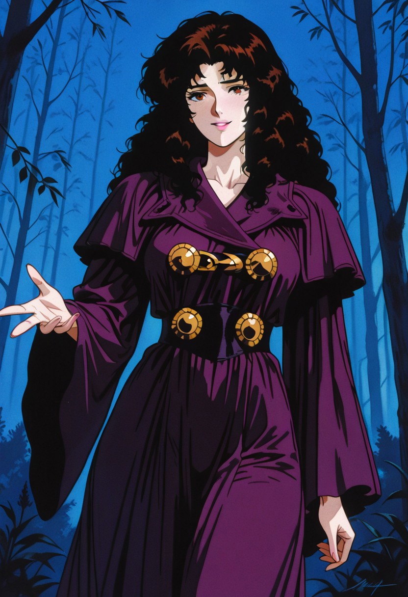 RemiMasudaCCO808, 1girl, solo, vampire, dark brown hair, curly hair, thick hair, long hair, brown eyes, nose, pink lips, eyelashes, collarbone, large breast, dark purple cloak, long wide sleeves, white dress under cloak, large golden  buttons, collar,
,seductive pose, sexy pose, tease, 
masterpiece, best quality, ultra-detailed, very aesthetic, detailed background, very aesthetic, newest, scenery, highres, 4k, absurdres, 8k, colorful,vibrant, glowing, perfect face, 2d, perfect eyes, detailed eyes, 
 masterpiece, best quality, ultra-detailed, very aesthetic, newest, scenery, absurdres, perfect anatomy, , perfect face, perfect eyes, mature body, clear eyes, beautiful eyes, athletic, curvy body, athletic girl, perky tits, perfect tits, round breasts, pinup pose, teasing, lustful expression,
muscular female, dutch angle,
 naughty smile,  5 fingers, deep shadows, Dramatic lighting, Eerie and atmospheric aura, forest, moonlit night, blood, smoky tendrils of darkness, 
,detailed lips,Smooth Negative, highres, absurdres,   uncensored,, dark fantasy, retro_artstyle, retro, cyberpunk