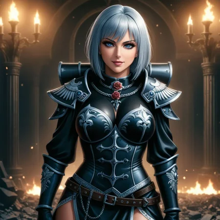 erotic full body picture of very high detailed female Adeptus Sororitas Milf , (solo), perfect figure, intricate detailed body, grim smiling, perfect face, perfect eyes, perfect teeth, perfect body, 6-pack abs, fit, silver grey short straight hair, big silicone breasts, breast veins, rose tattos, lot of tattoos, (Action Pose:1.6), (perfect eyes), (detailed pupils), (((wearing photorealistic Adepta Sisters of Soritas rubber dress, choker))), white golden photorealistic, warhammer 40000, in a battle scene, shiny, raytracing, photorealistic, epic, accessoires, , many corpses, flesh, massacres, 8k , cinematic, bloody, gore, damaged armour, background, highly detailed, breathtaking, cinematic, detailed, natural light, 4K, high-detail, sharp focus:1.3, vibrant colors:1.2