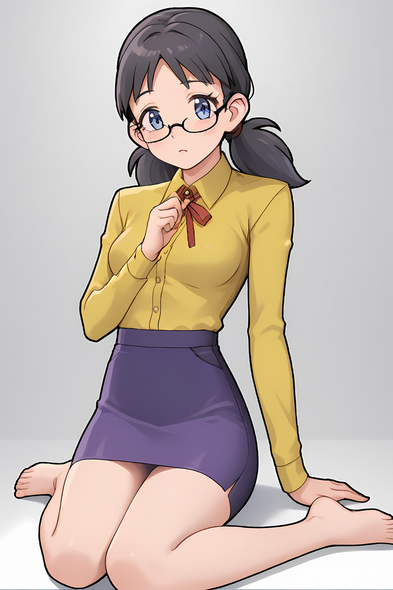 (yellow dress shirt red ribbon purple skirt pencil skirt:1.50), cra-tamara, blue eyes, glasses, rimless eyewear, [black hair], low twintails, bangs, hair tie, 
medium breasts, 1girl, solo, skinny, (source_anime, score_9, score_8_up, score_8, score_7_up), score_7, score_6_up, score_6, score_5_up, score_5, 
(blush:1.10),
(laboratory:0.90),
(sitting:1.60), (feet:1.20),
<lora:cra-tamara-V01:0.90>