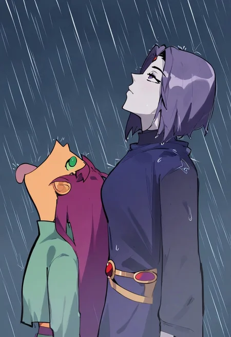 score_9, score_7_up, source_anime, 
gokumeme, rain, 2girls, starfire, tongue out, looking up , raven \(dc\),  <lora:gokumeme_xl:0.7>
