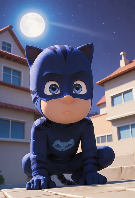 (score_9, score_8_up, score_7_up), highly detailed, cute boy, masterpiece, best quality, high quality, detailed, round face, round eyes, petite, flat chested, aged down, cute, kawaii, short, 1boy, solo, Catboy Costume, Blue Eyes, Cat Ears, Tail, low angle view, foreshortening, dynamic view, dutch angle, looking away, serious, squatting, on roof ledge, perching, perfect detail, perfect eyes, perfect face, perfect mouth, night time, moonlighting, moon in background, natural lighting, (ray tracing, good shadows)