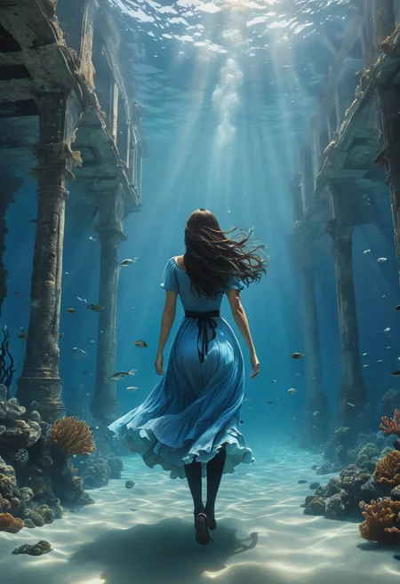 (water-colored), illustration, style of Jessica Galbreth,
(far view, far shot, rear view, facing away:1.3),
(Alice, very long dark brown hair, hair rim lighting, hair in the wind, blue maid dress with short sleeves, black tights, black shoes:1.5),
fog, dreamy, dream, coral, fish, sea weed
(walking, under water, giant under water city ruins:2)