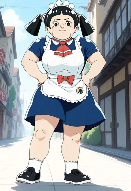 <lora:Hyper-SDXL-8steps-lora:1><lora:Fixhands_anime_bdsqlsz_V1:1> zPDXL2, score_9, score_8_up, score_7_up, source_anime, intricate details, perfect anatomy BREAK
1girl, solo, mar-roboco, black hair, bowl cut, short twintails, black eyes, maid headdress, mar-roboco outfit, maid, maid apron, red neckerchief, white socks, black shoes,
dutch angle, hands on hips, Teasing, A playful smirk, a raised eyebrow, and a hint of dominance.,
outdoors, city, tokyo, japan,
 <lora:mar-roboco_XL(pony)v10:1>