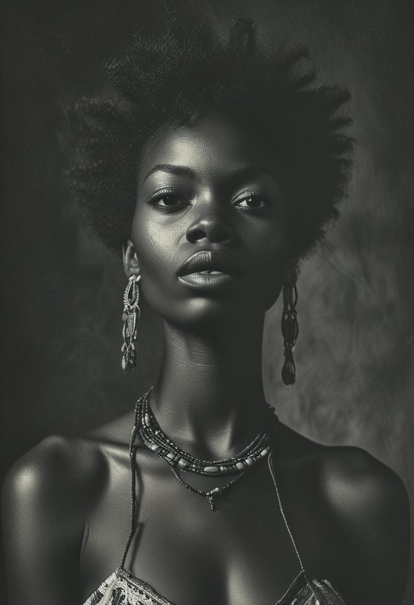 medium shot, dark photo, a evocative medium shot of a beautiful african woman
