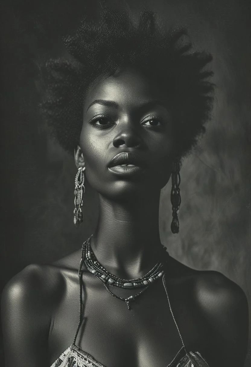 medium shot, dark photo, a evocative medium shot of a beautiful african woman