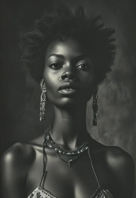 medium shot, dark photo, a evocative medium shot of a beautiful african woman