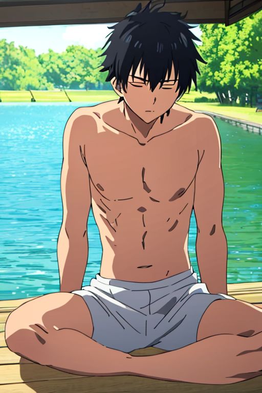 Yuusuke Fujisaki, masterpiece, Candid Photo, best quality, (1boy), solo, male focus, High definition, Black hair, 4K, shirtless, swim on natural lake